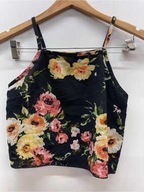 Y2K‎  Black Floral Square-Neck Cropped Cami with Yellow & Pink Blooms